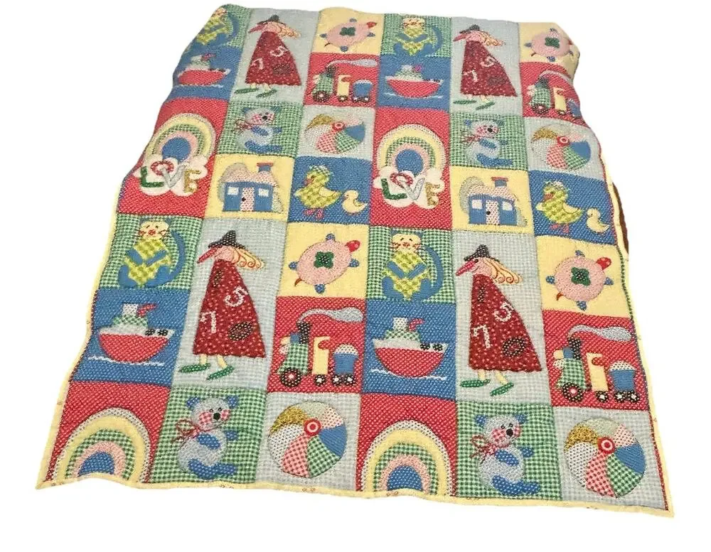VTG Handmade Baby Novelty Gingham Patchwork Animals Quilt Cotton Fabric 42